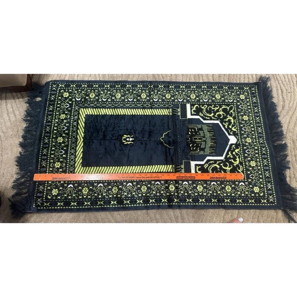 Turkish Islamic Prayer Mat Rug Velvet Blue And Green Fringe